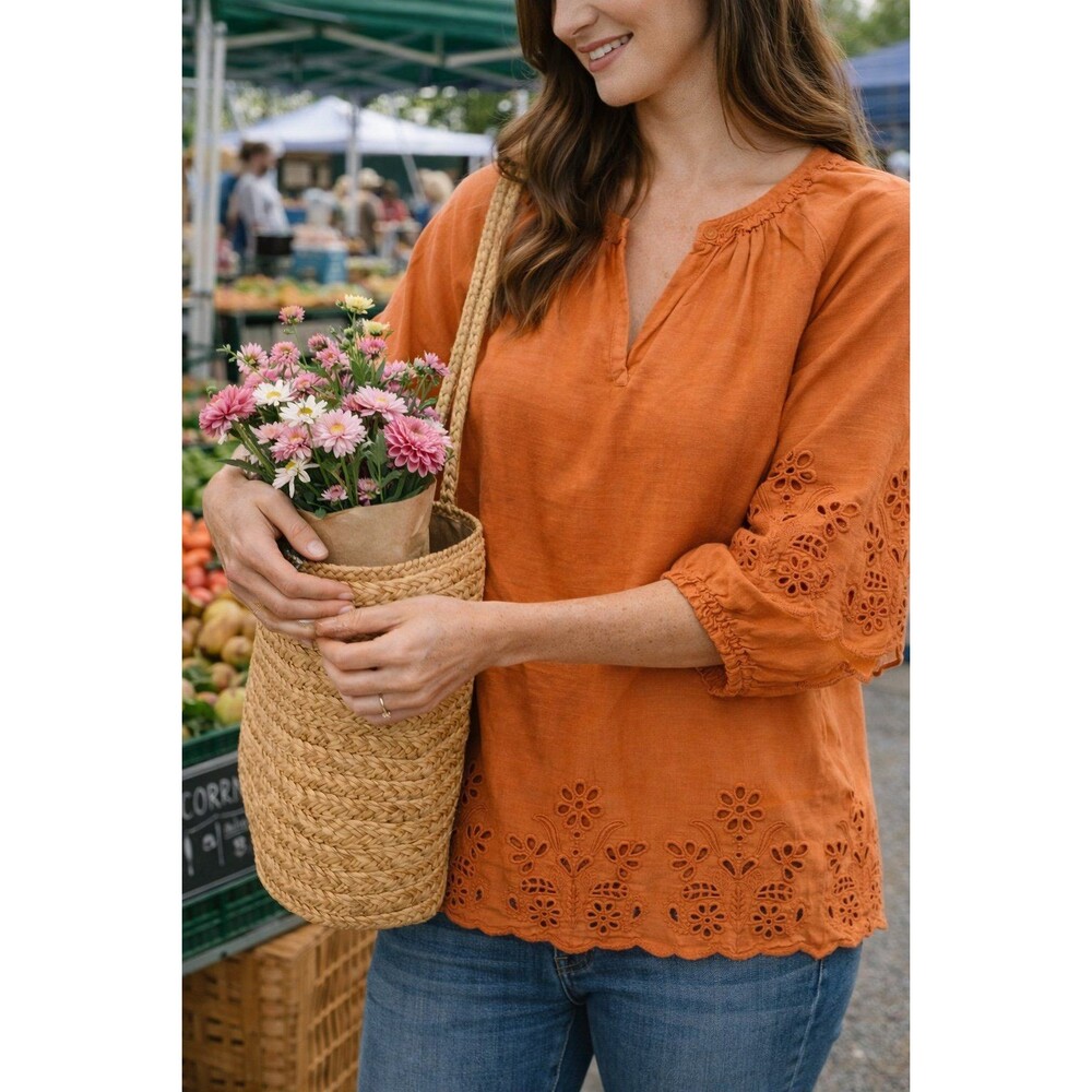 ANA Boho Orange Eyelet Lace Blouse XL Peasant Top Cottagecore Lacey Edge